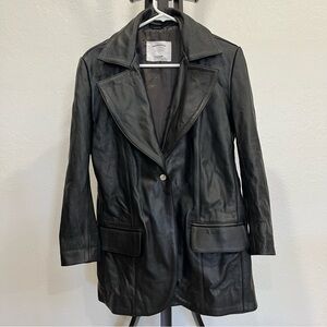 Understated Long Leather Black Blazer Size XS